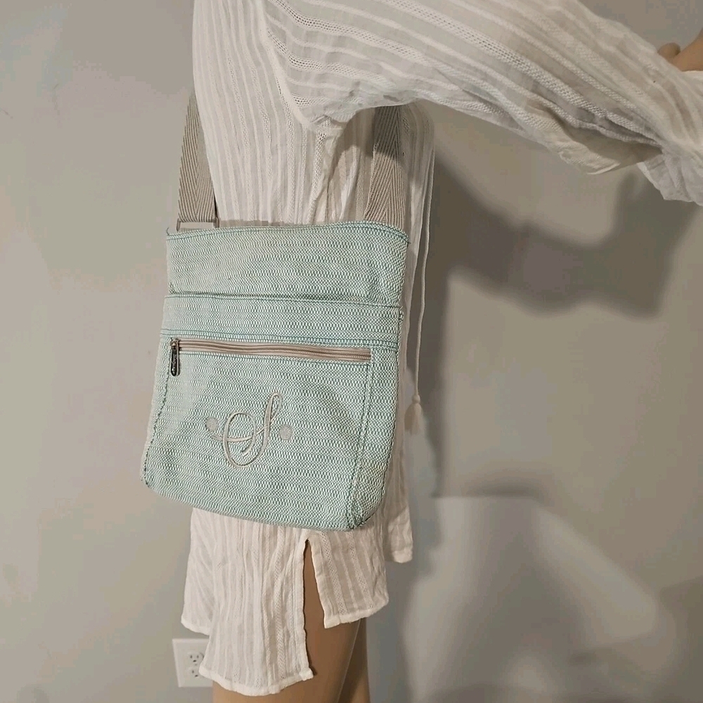 Thirty-One Crossbody Bag Medium Mint Green & Gray Monogram S VGUC 54" Strap - Picture 3 of 16